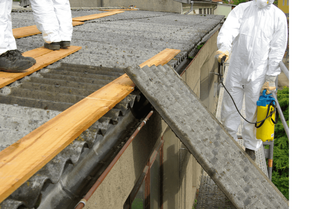 Metal roof shingles from an industrial property being inspected for asbestos.