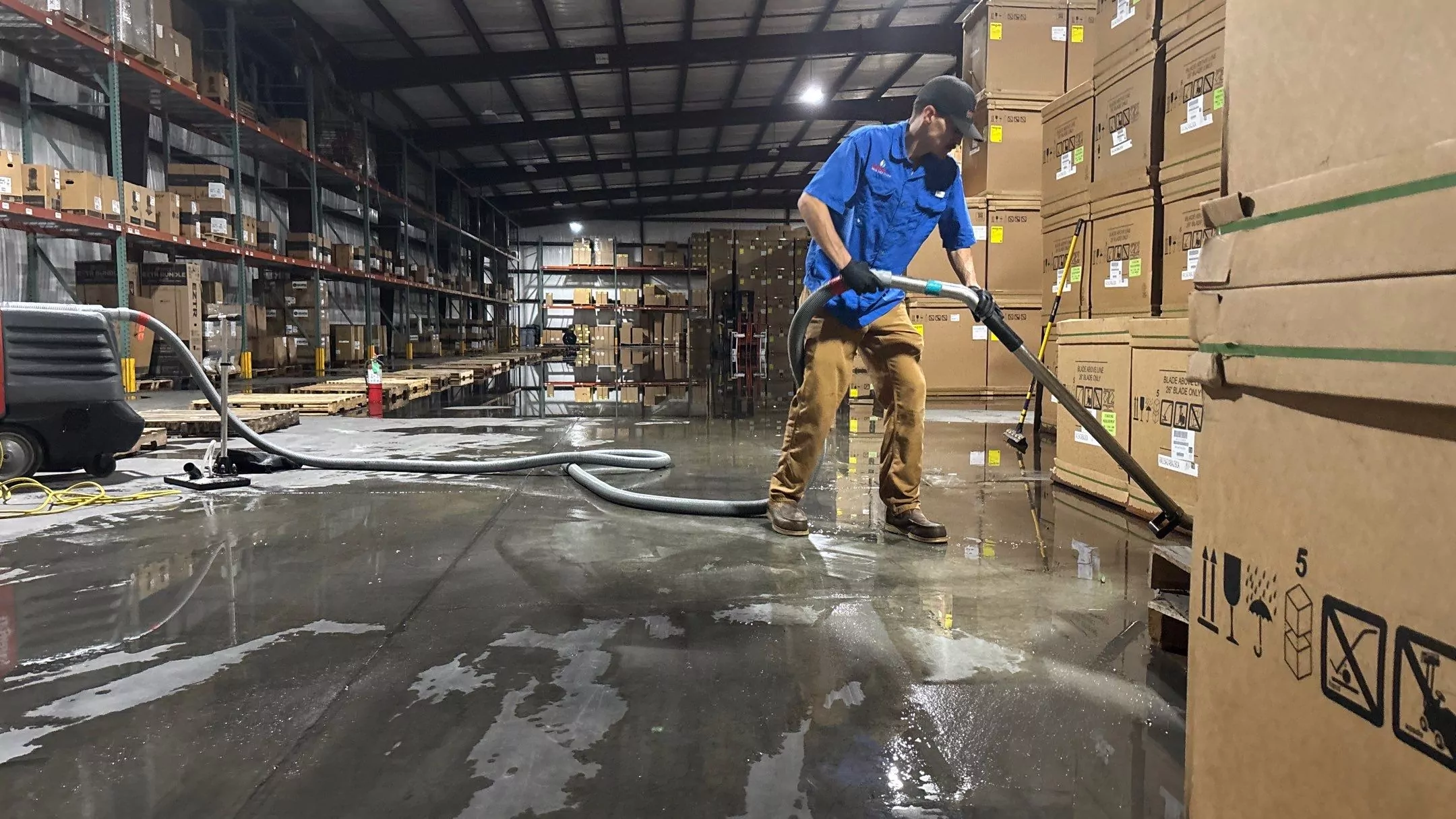 Restoration Pros technician using commercial water extractor to remove standing water in warehouse