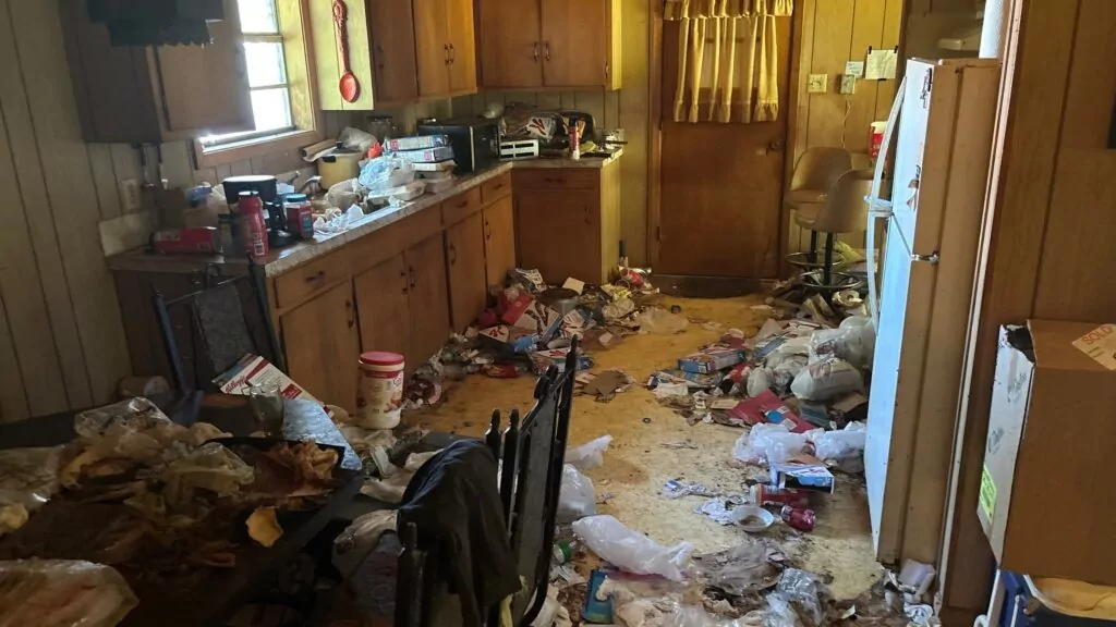 Restoration Pros technicians wearing full personal protective equipment entering contaminated residential environment for biohazard remediation.